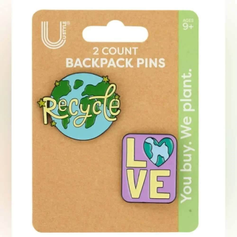 U Style Backpack Pins, Multicolor Love/Recycle Theme, Set of 2